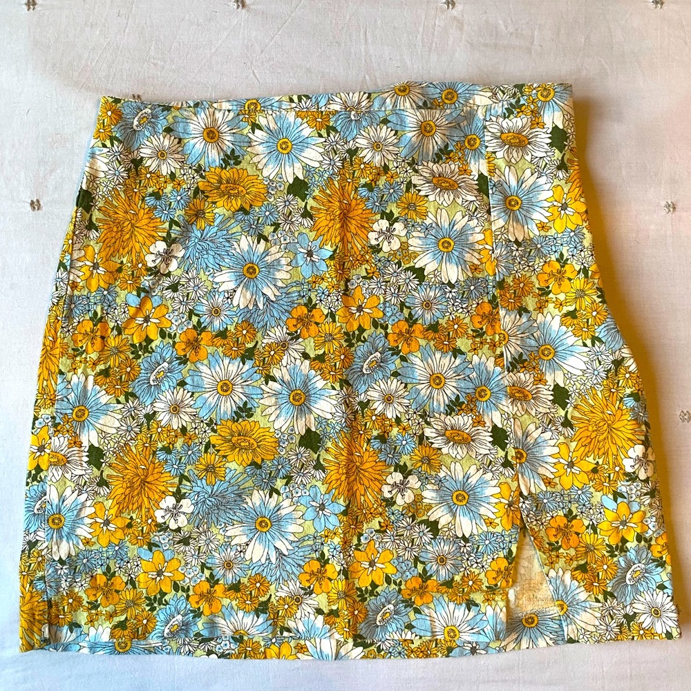 Floral Yellow and Blue A-Line Mini Skirt Urban Outfitters